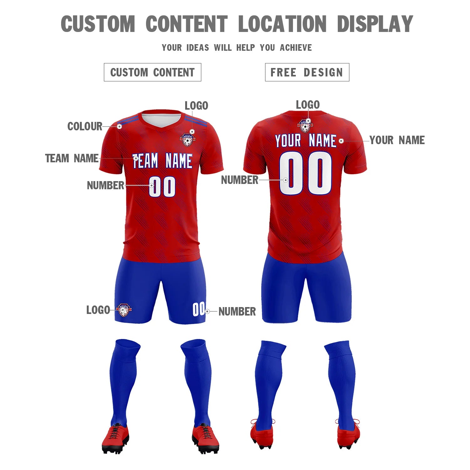 Custom Red Royal Blue Printing Outdoor Tracksuit Soccer Sets Jersey