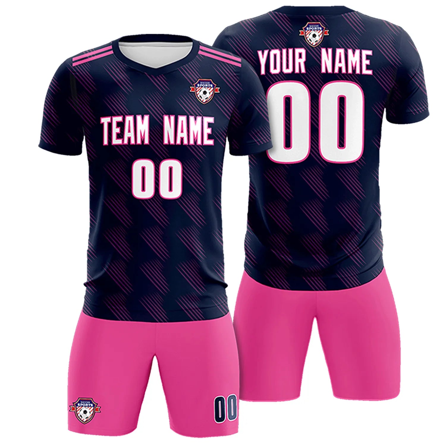 Custom Navy Pink Printing Outdoor Tracksuit Soccer Sets Jersey