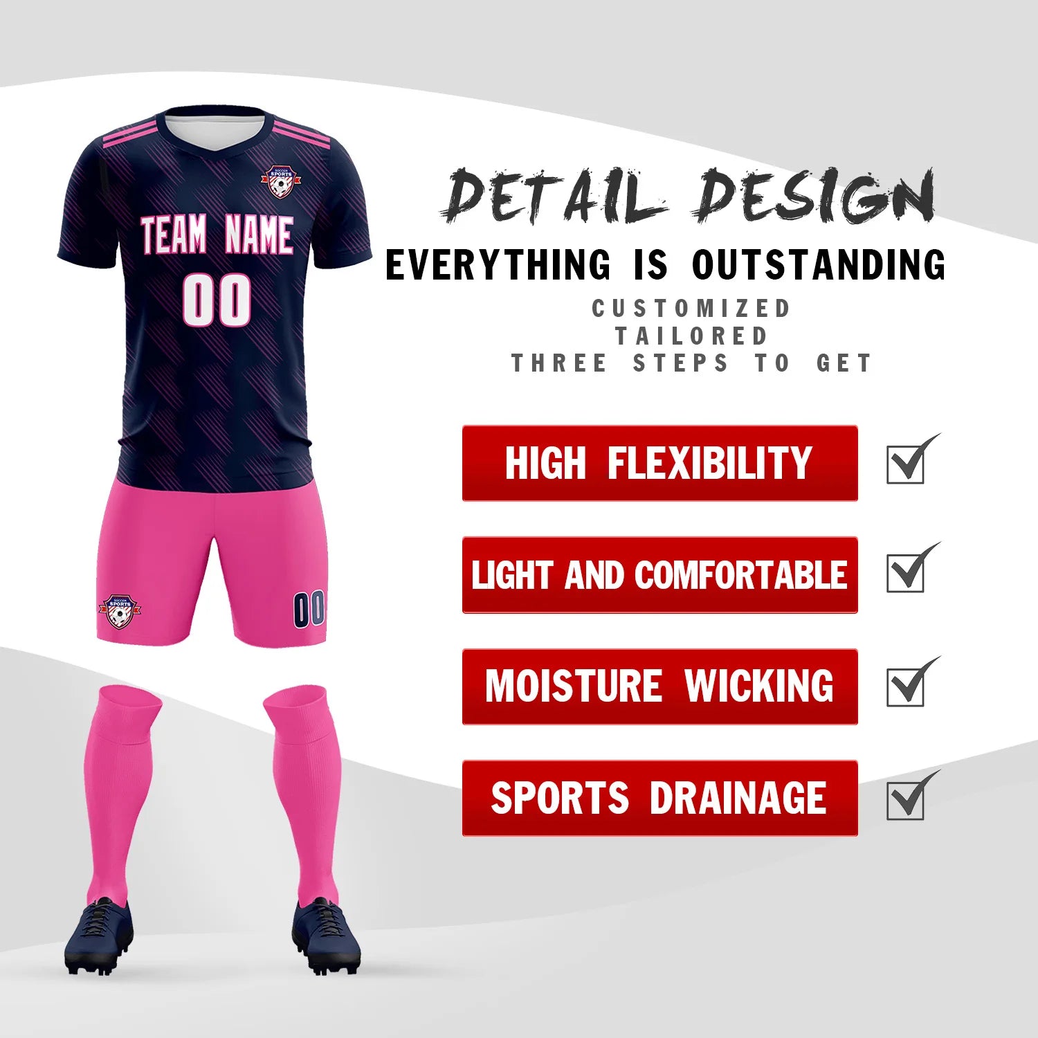 Custom Navy Pink Printing Outdoor Tracksuit Soccer Sets Jersey