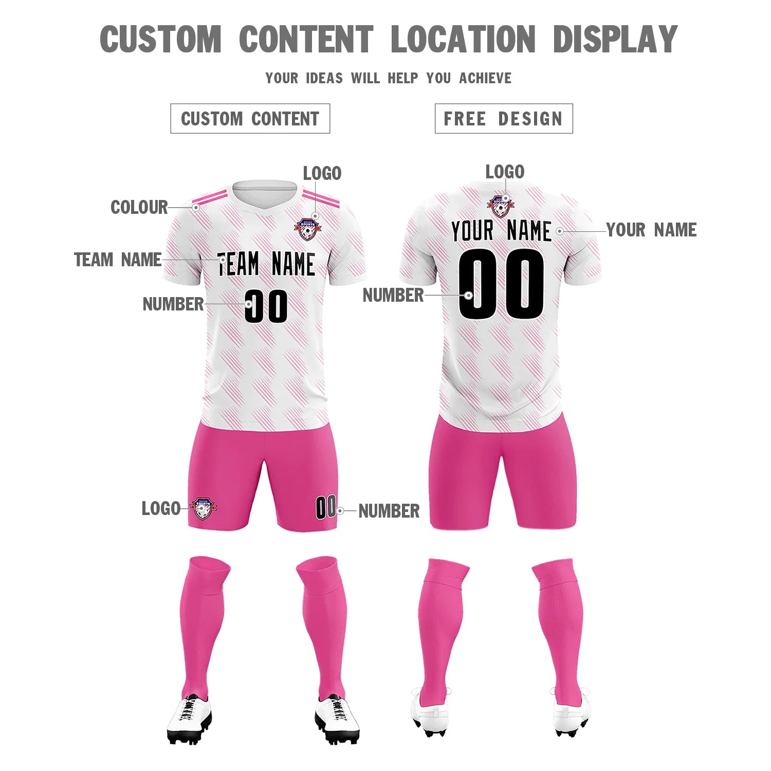 Custom White Pink Printing Outdoor Tracksuit Soccer Sets Jersey