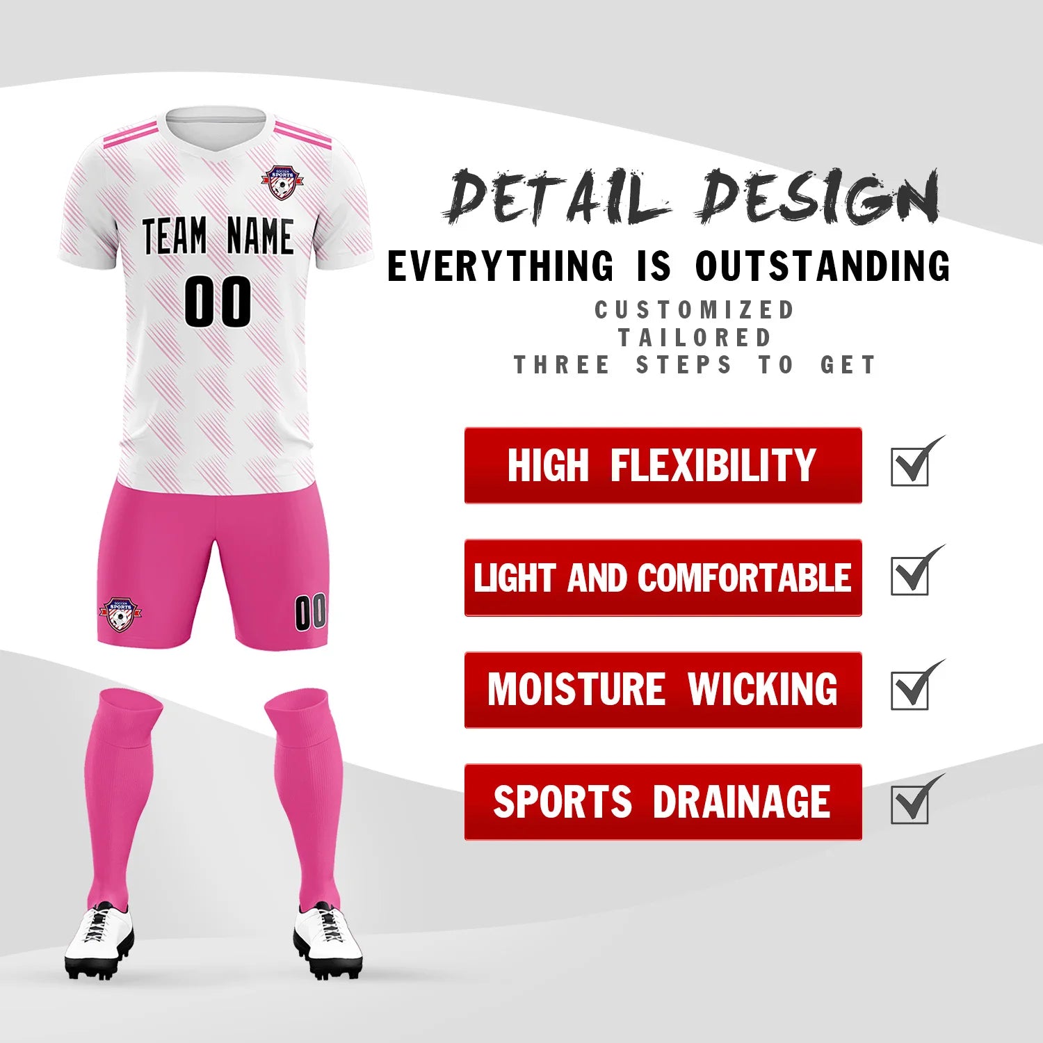 Custom White Pink Printing Outdoor Tracksuit Soccer Sets Jersey