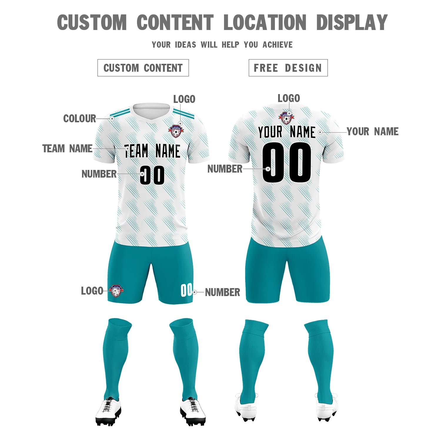 Custom White Aqua Printing Outdoor Tracksuit Soccer Sets Jersey