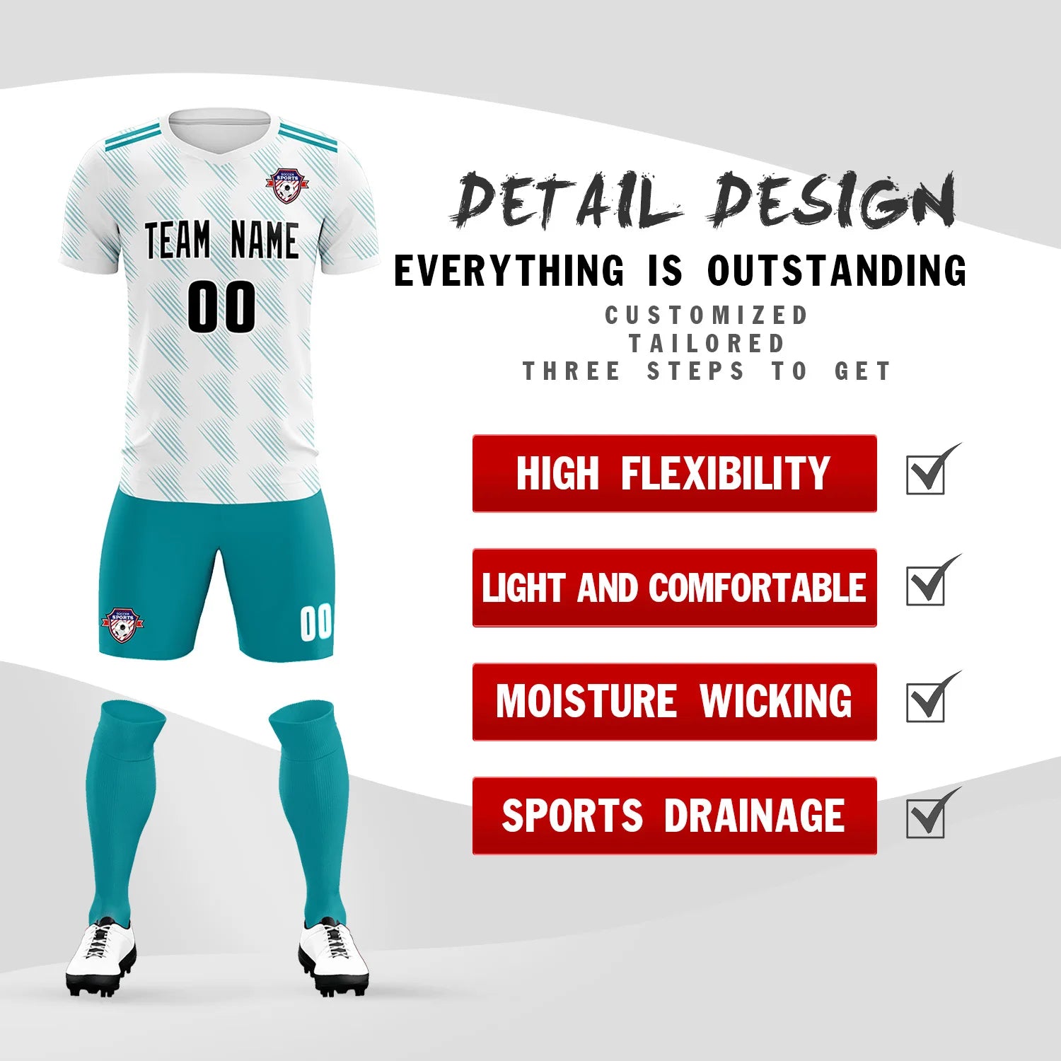 Custom White Aqua Printing Outdoor Tracksuit Soccer Sets Jersey