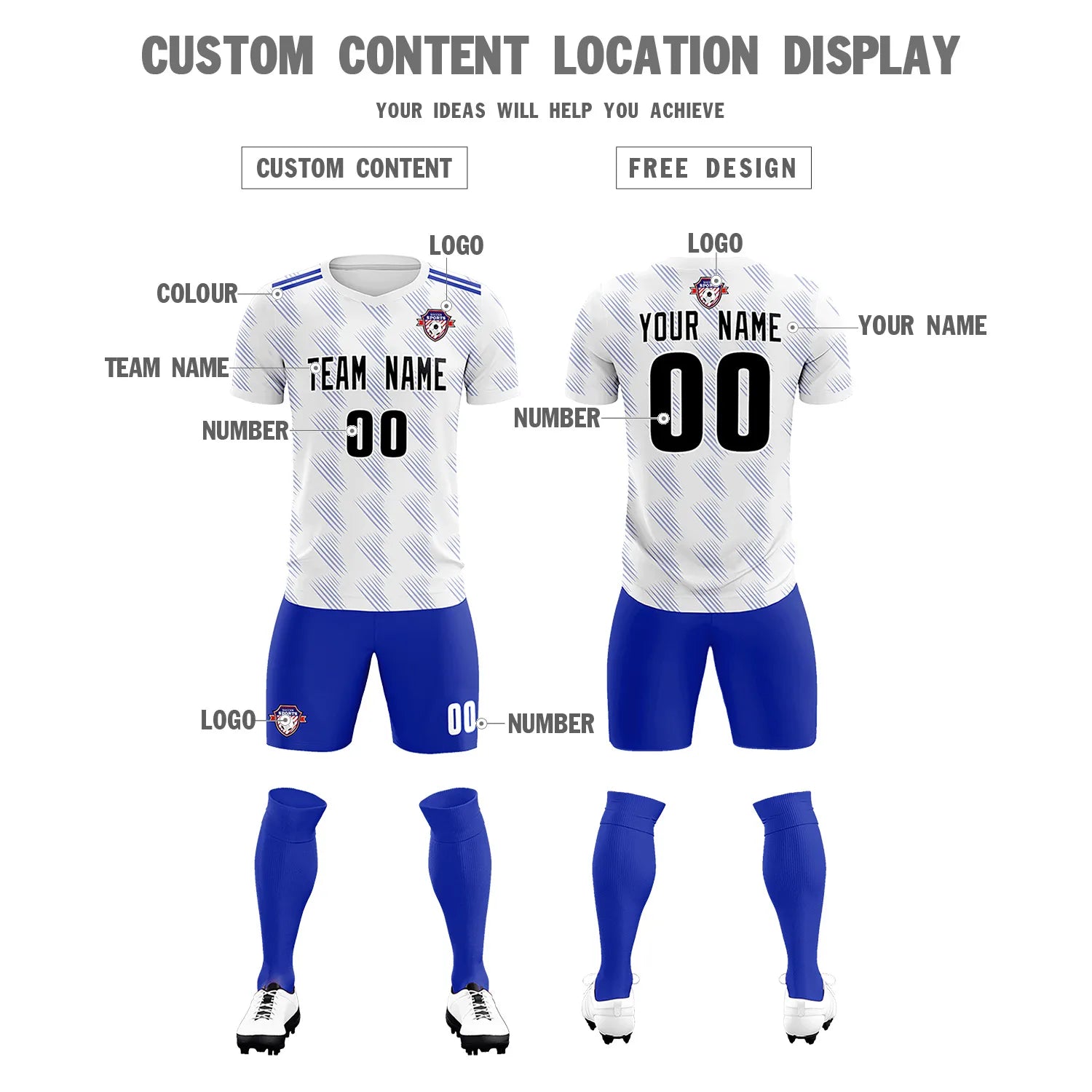 Custom White Royal Blue Printing Outdoor Tracksuit Soccer Sets Jersey