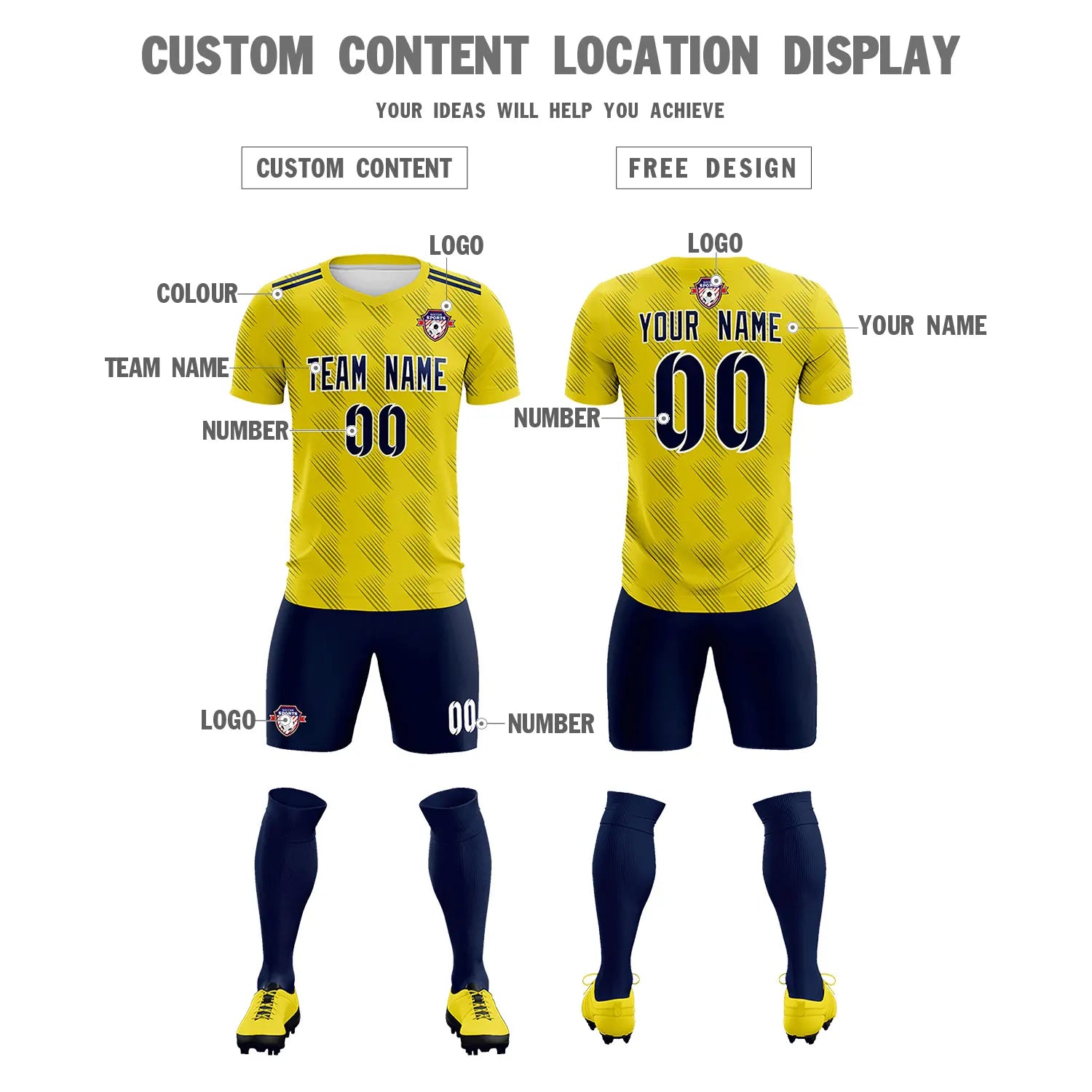 Custom Yellow Navy Printing Outdoor Tracksuit Soccer Sets Jersey