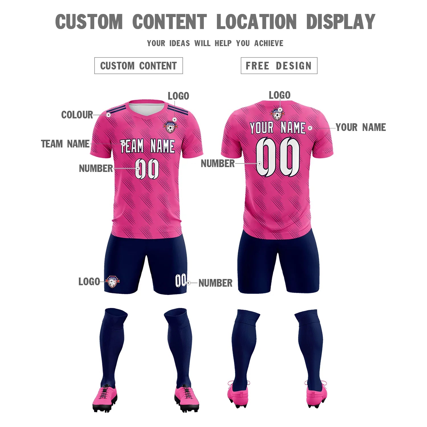 Custom Pink Navy Printing Outdoor Tracksuit Soccer Sets Jersey