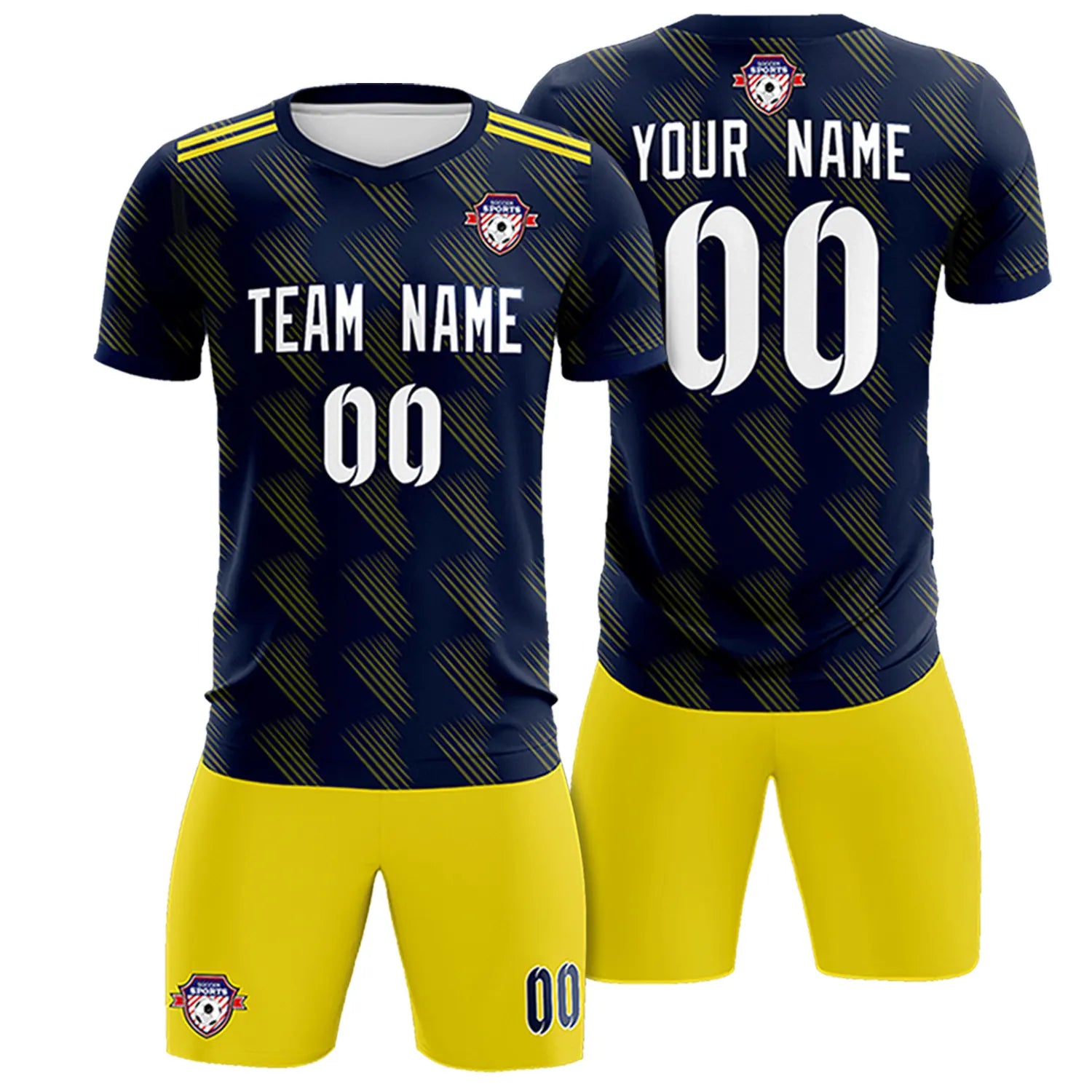 Custom Navy Yellow Printing Outdoor Tracksuit Soccer Sets Jersey