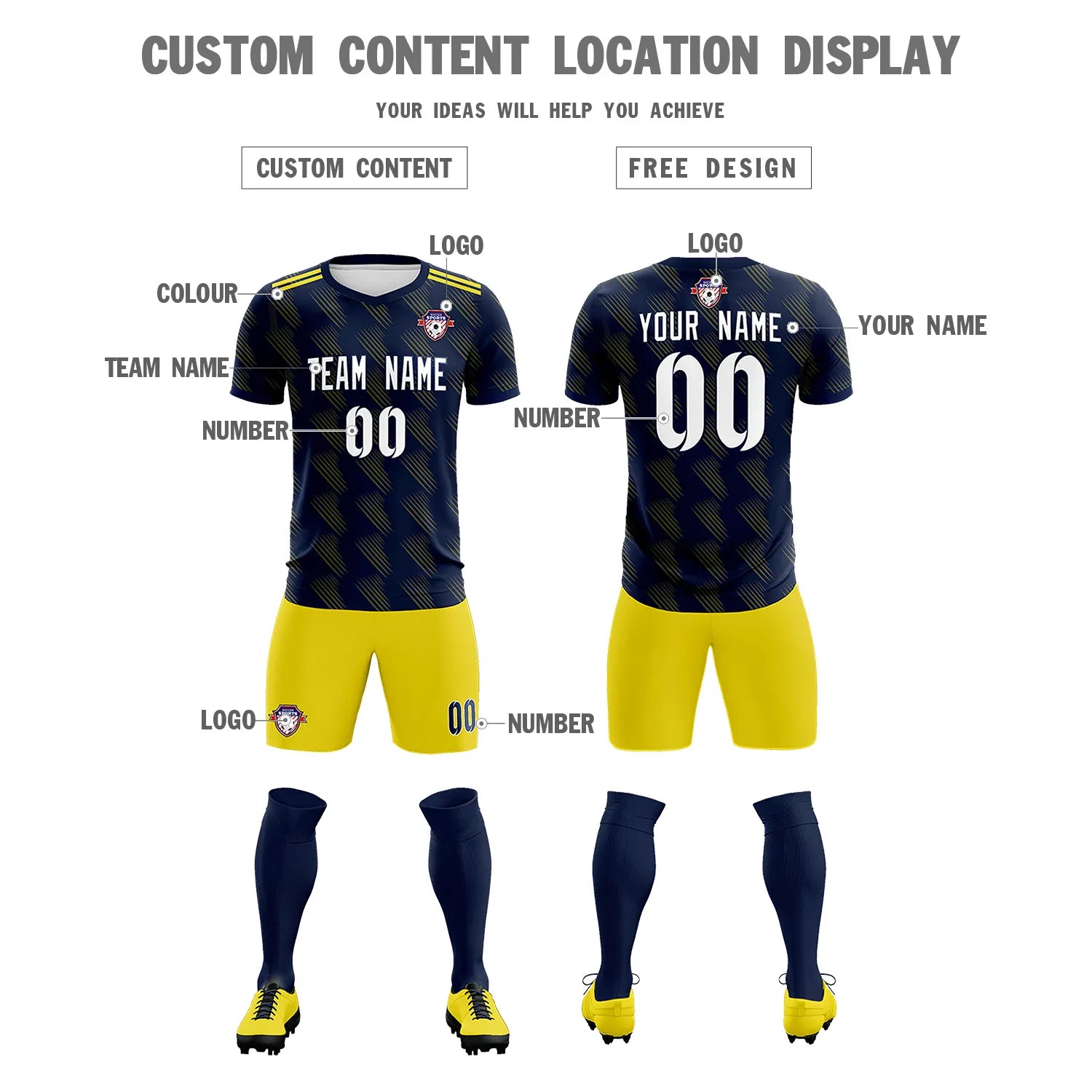 Custom Navy Yellow Printing Outdoor Tracksuit Soccer Sets Jersey