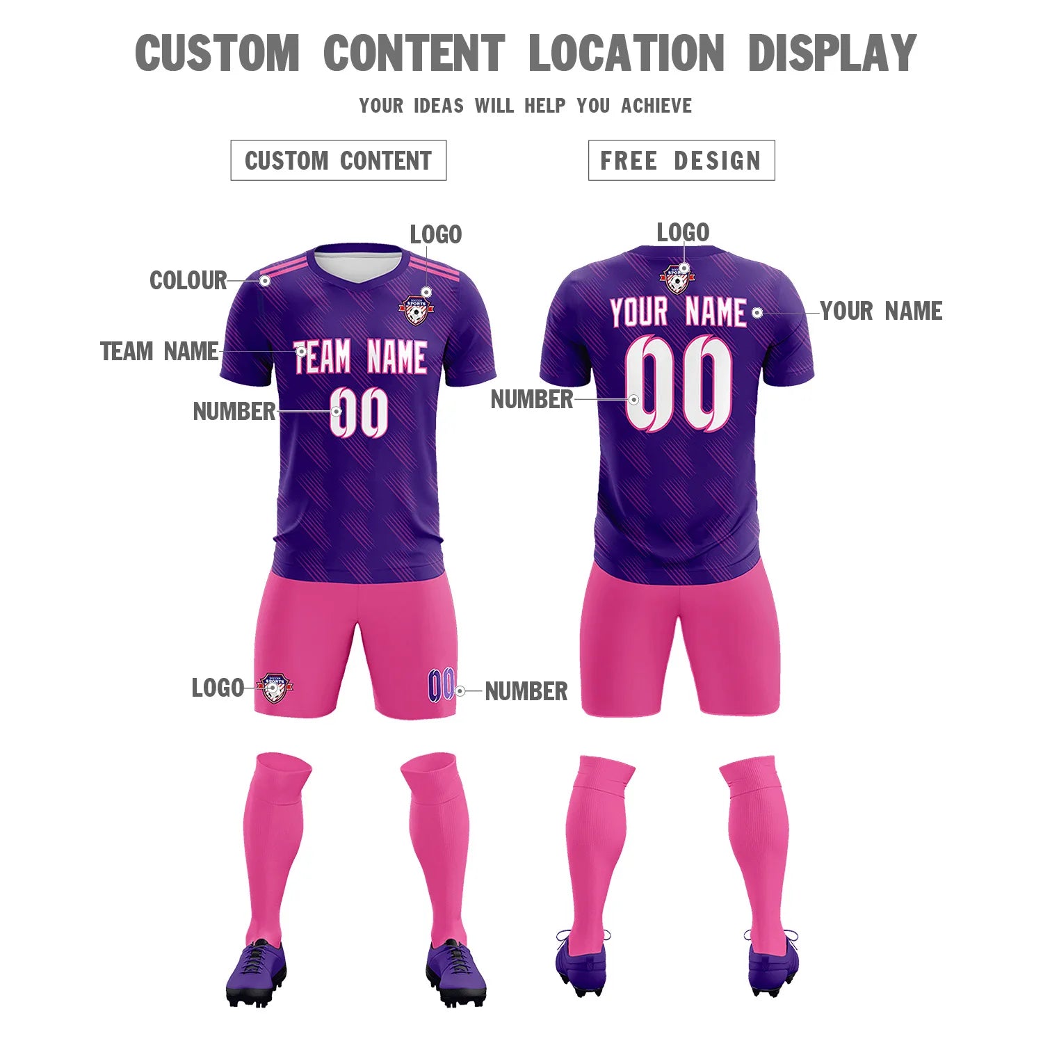 Custom Purple Pink Printing Outdoor Tracksuit Soccer Sets Jersey