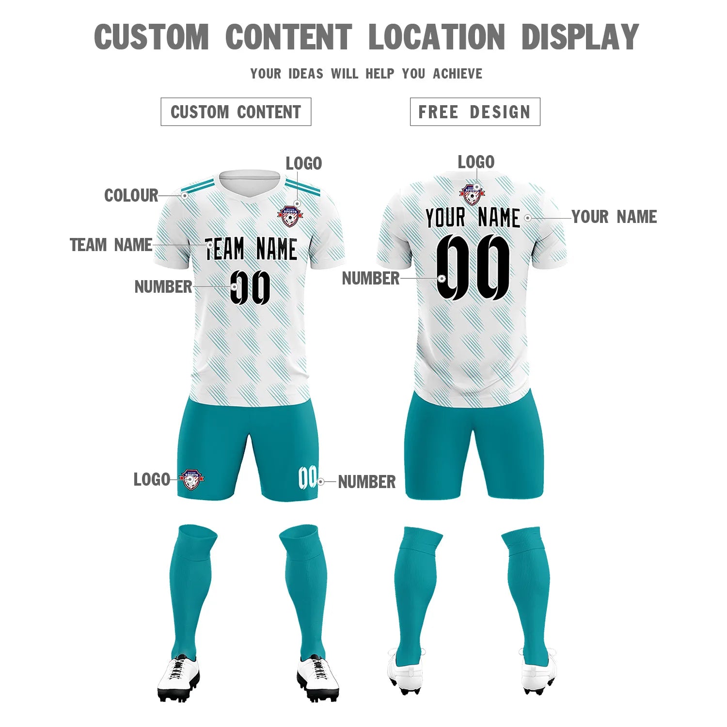 Custom White Aqua Printing Outdoor Tracksuit Soccer Sets Jersey