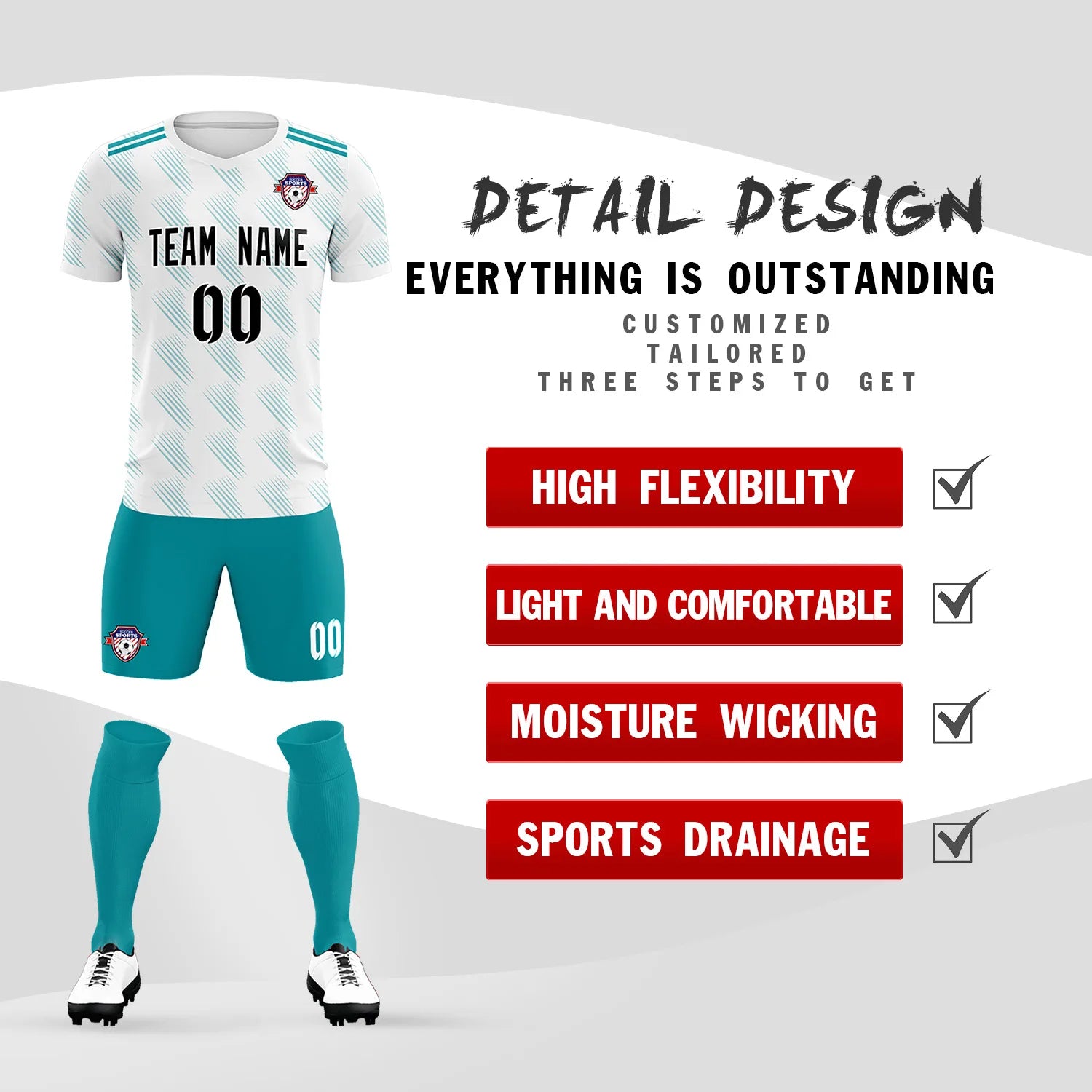 Custom White Aqua Printing Outdoor Tracksuit Soccer Sets Jersey