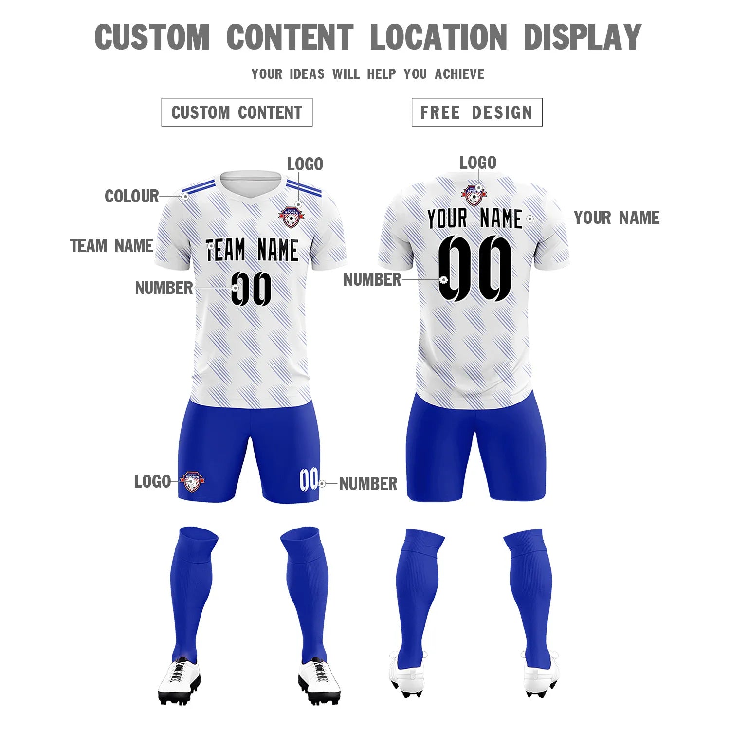 Custom White Royal Blue Printing Outdoor Tracksuit Soccer Sets Jersey