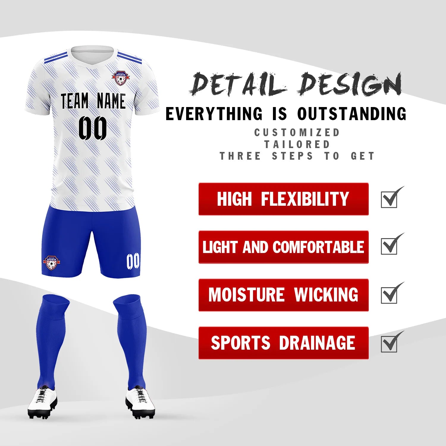 Custom White Royal Blue Printing Outdoor Tracksuit Soccer Sets Jersey