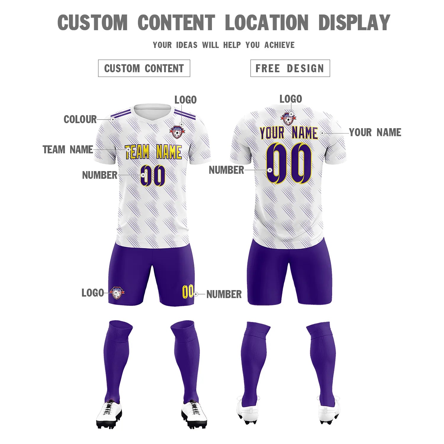 Custom White Purple Printing Outdoor Tracksuit Soccer Sets Jersey