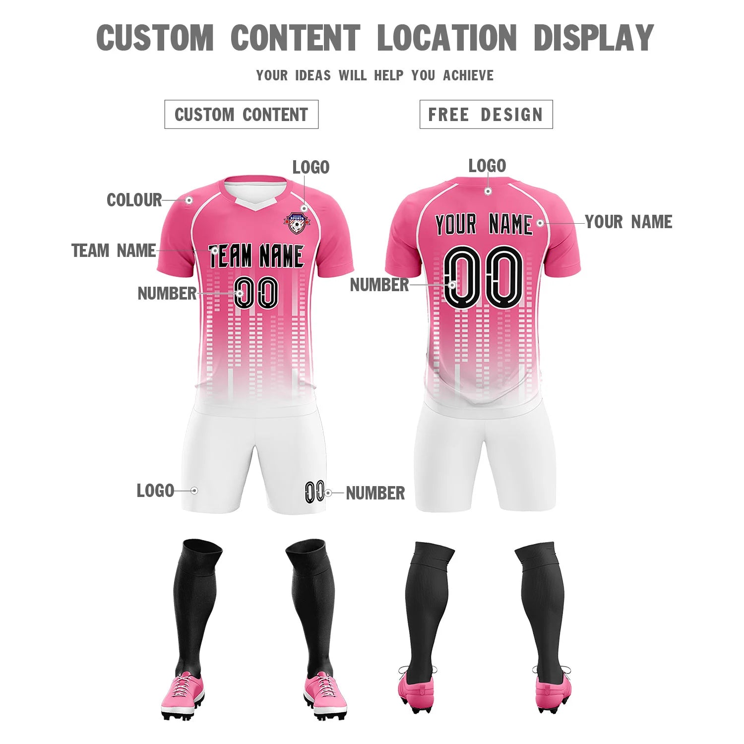 Custom Pink White Printing Outdoor Tracksuit Soccer Sets Jersey
