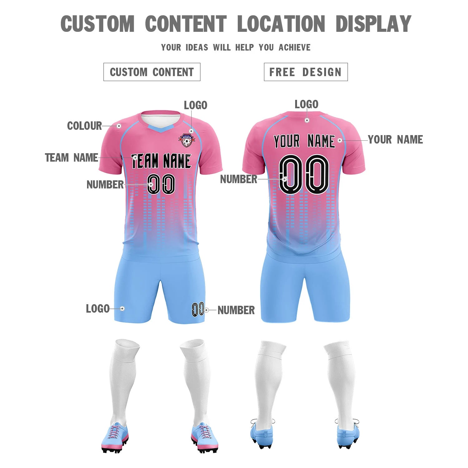 Custom Pink-Light Blue Printing Outdoor Tracksuit Soccer Sets Jersey