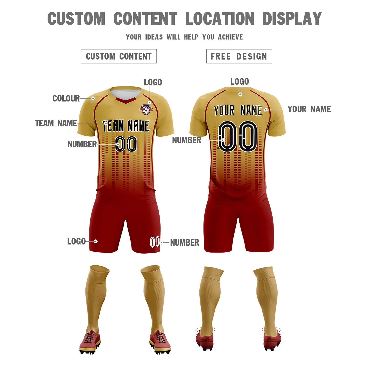 Custom Old Gold-Crimson Printing Outdoor Tracksuit Soccer Sets Jersey