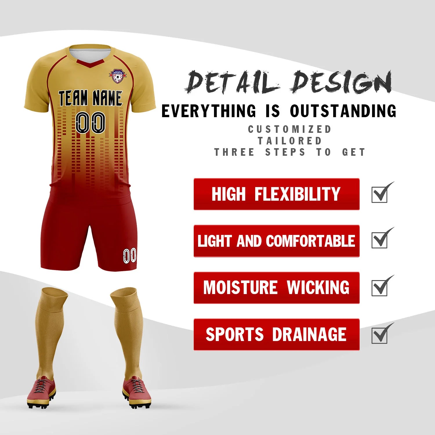 Custom Old Gold-Crimson Printing Outdoor Tracksuit Soccer Sets Jersey