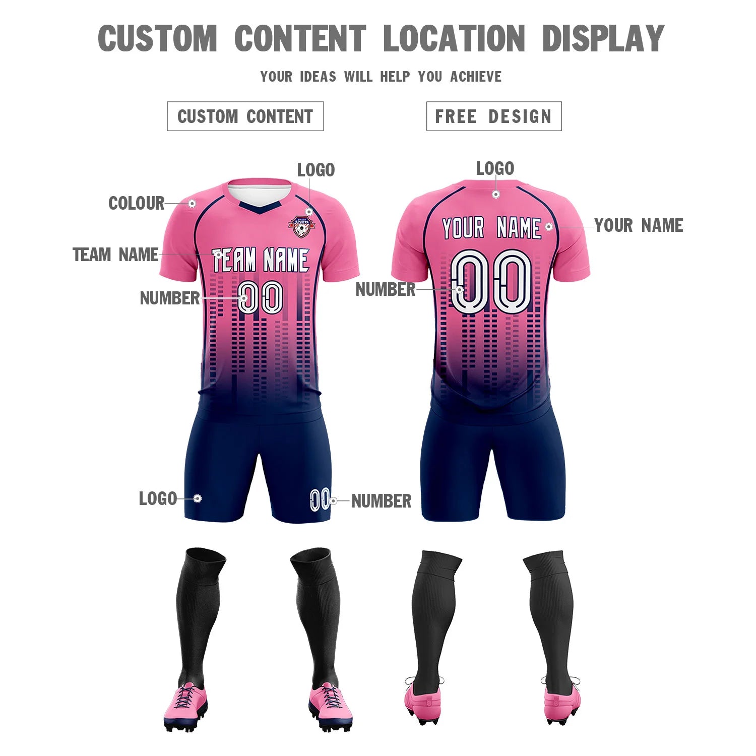 Custom Pink Navy Printing Outdoor Tracksuit Soccer Sets Jersey