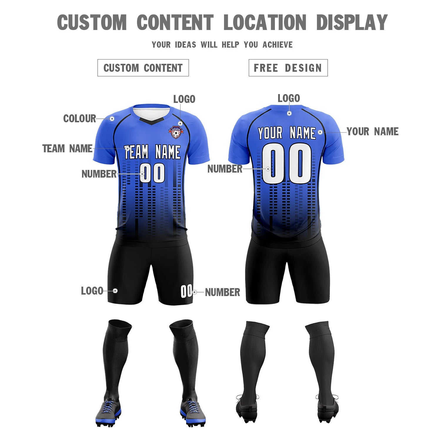 Custom Light Blue-Black Printing Outdoor Tracksuit Soccer Sets Jersey