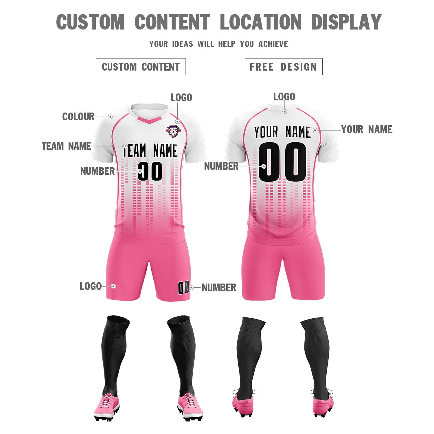 Custom White Pink Printing Outdoor Tracksuit Soccer Sets Jersey