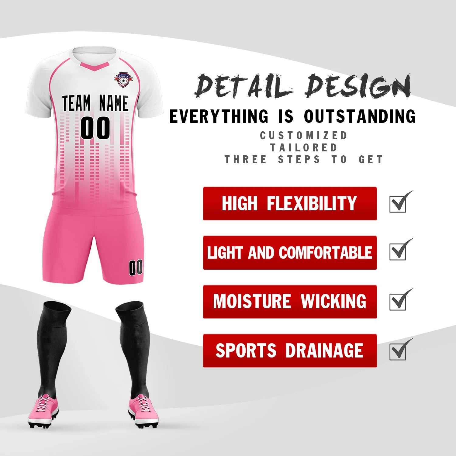 Custom White Pink Printing Outdoor Tracksuit Soccer Sets Jersey