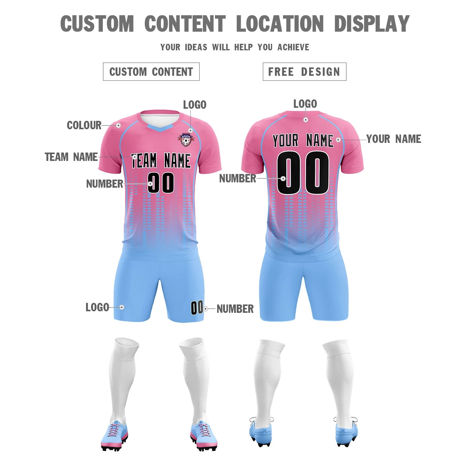 Custom Pink-Light Blue Printing Outdoor Tracksuit Soccer Sets Jersey