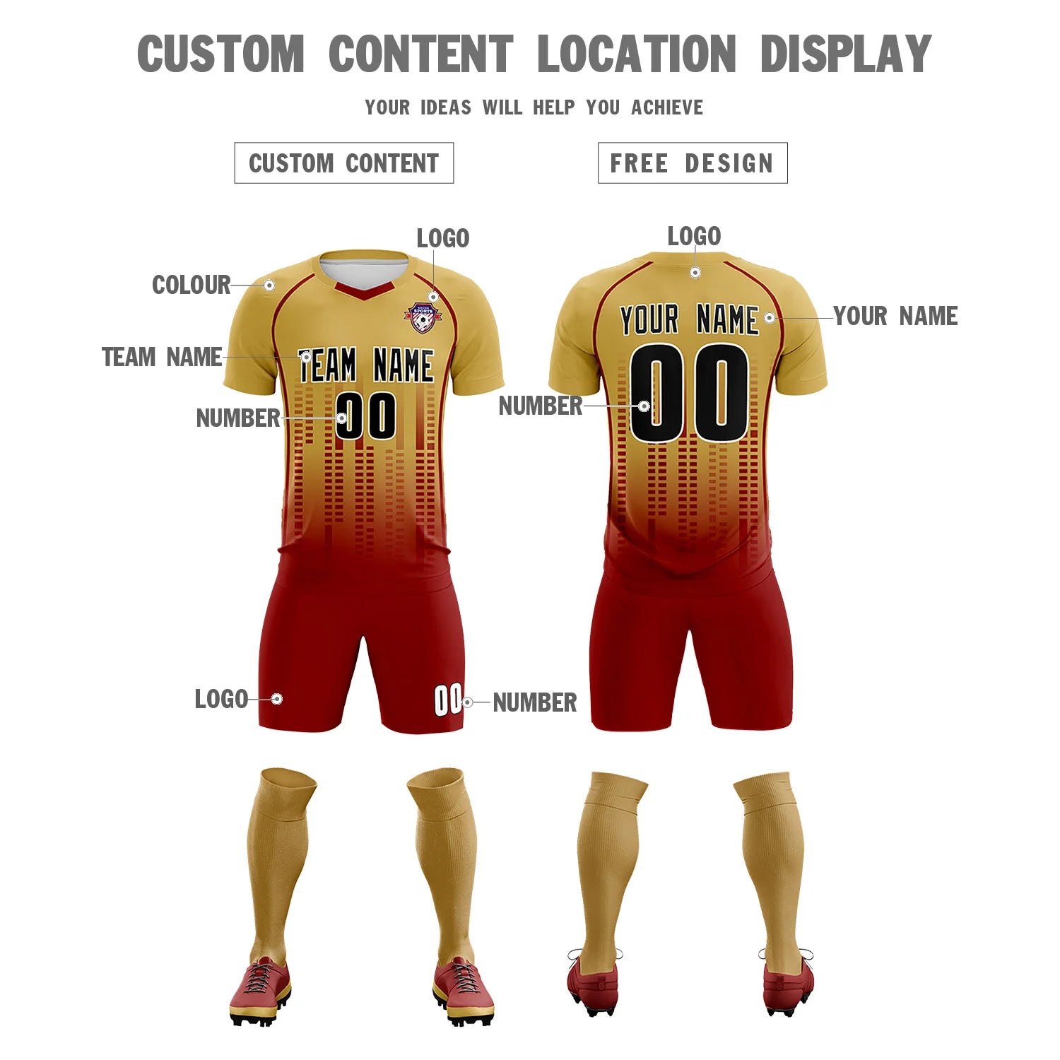 Custom Old Gold-Crimson Printing Outdoor Tracksuit Soccer Sets Jersey