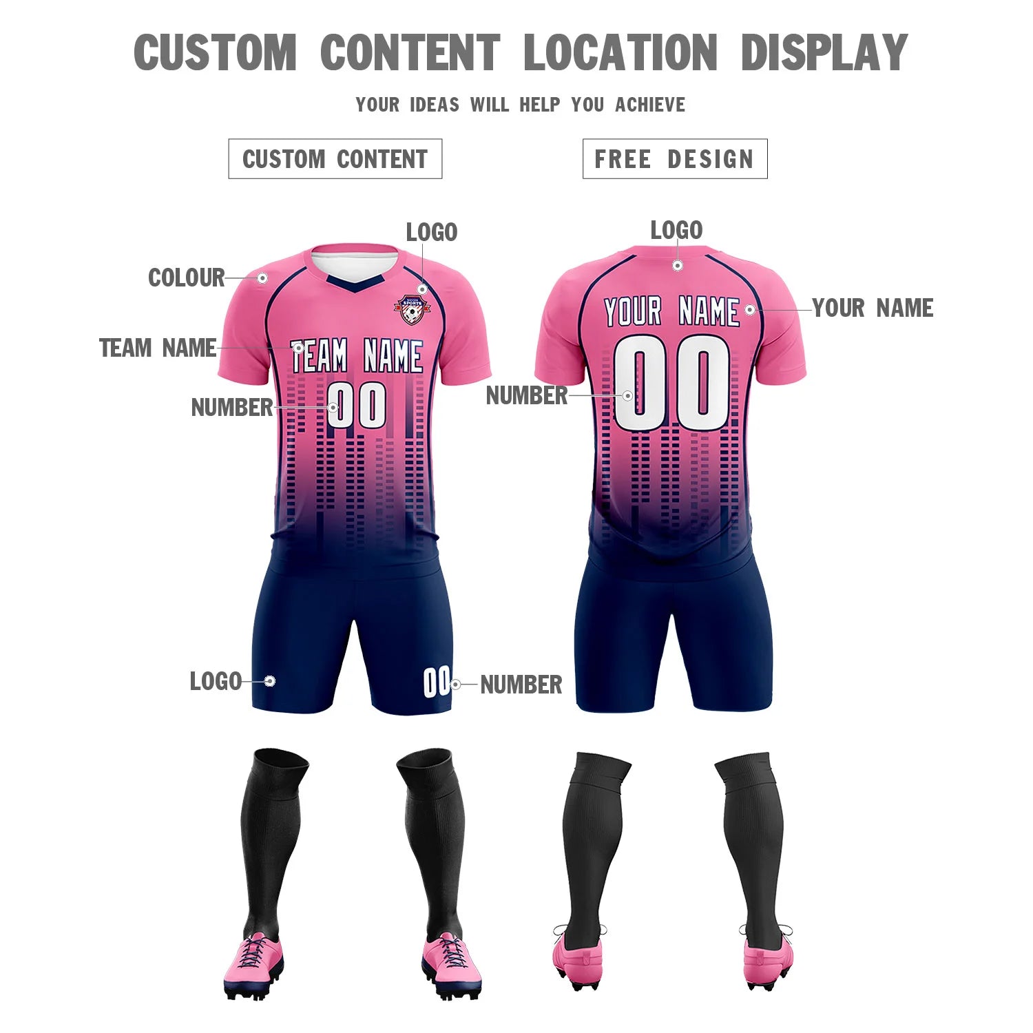Custom Pink Navy Printing Outdoor Tracksuit Soccer Sets Jersey