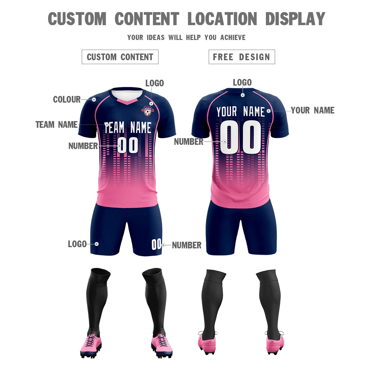 Custom Navy Pink Printing Outdoor Tracksuit Soccer Sets Jersey