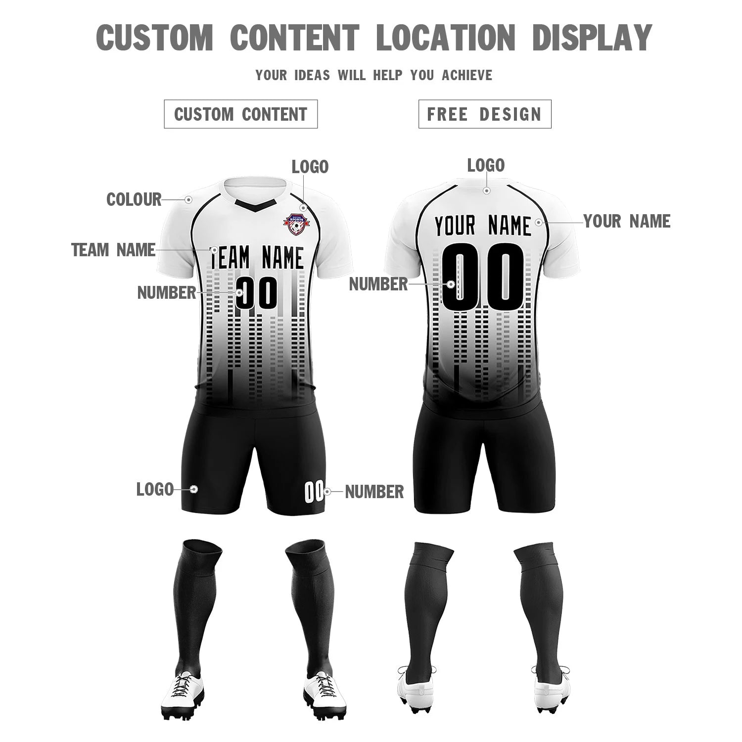 Custom White Black Printing Outdoor Tracksuit Soccer Sets Jersey