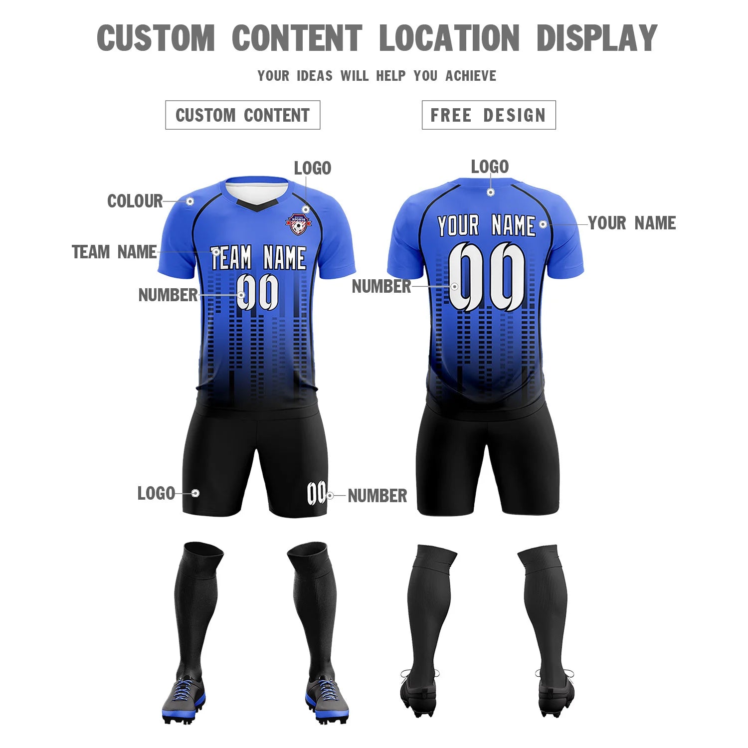 Custom Light Blue-Black Printing Outdoor Tracksuit Soccer Sets Jersey