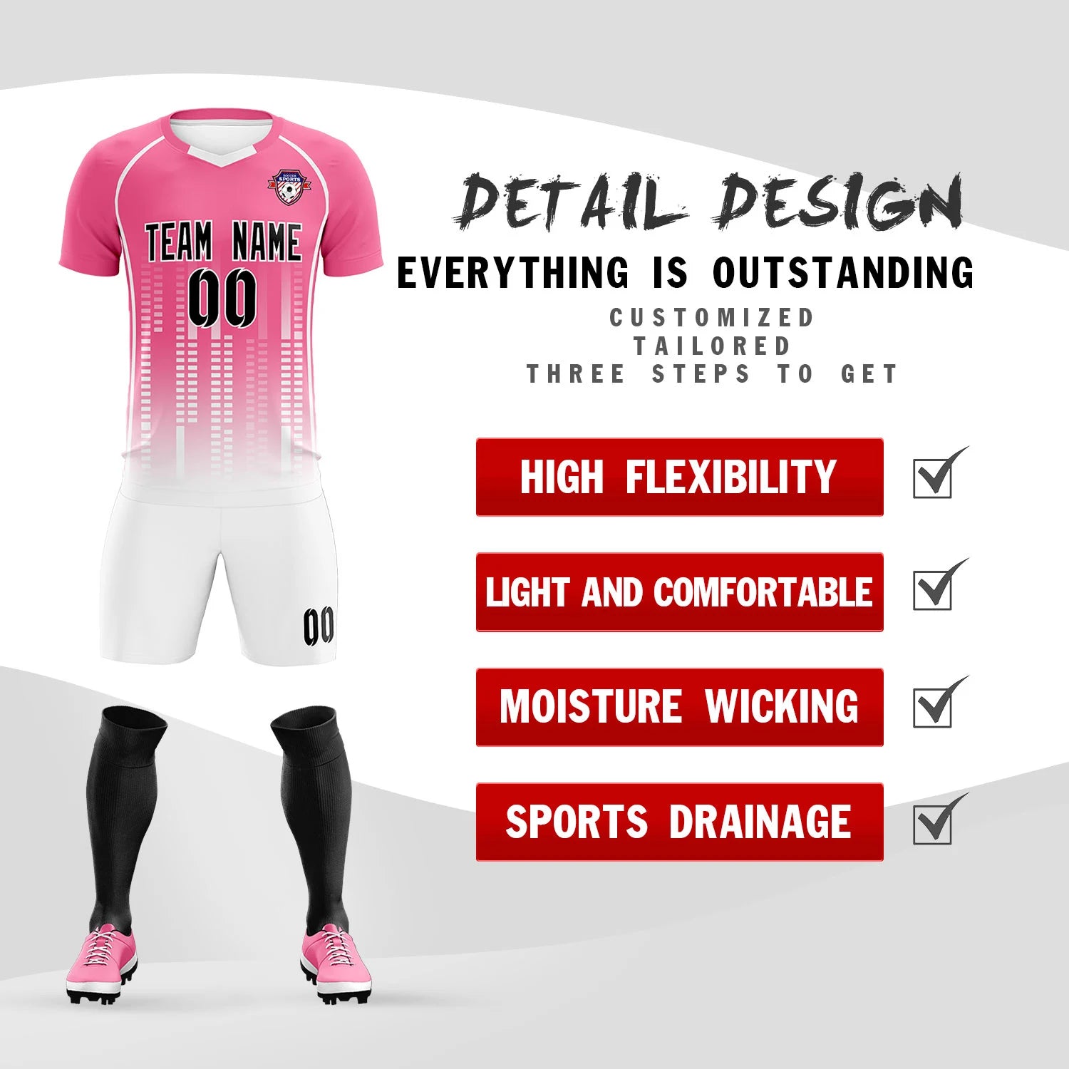 Custom Pink White Printing Outdoor Tracksuit Soccer Sets Jersey