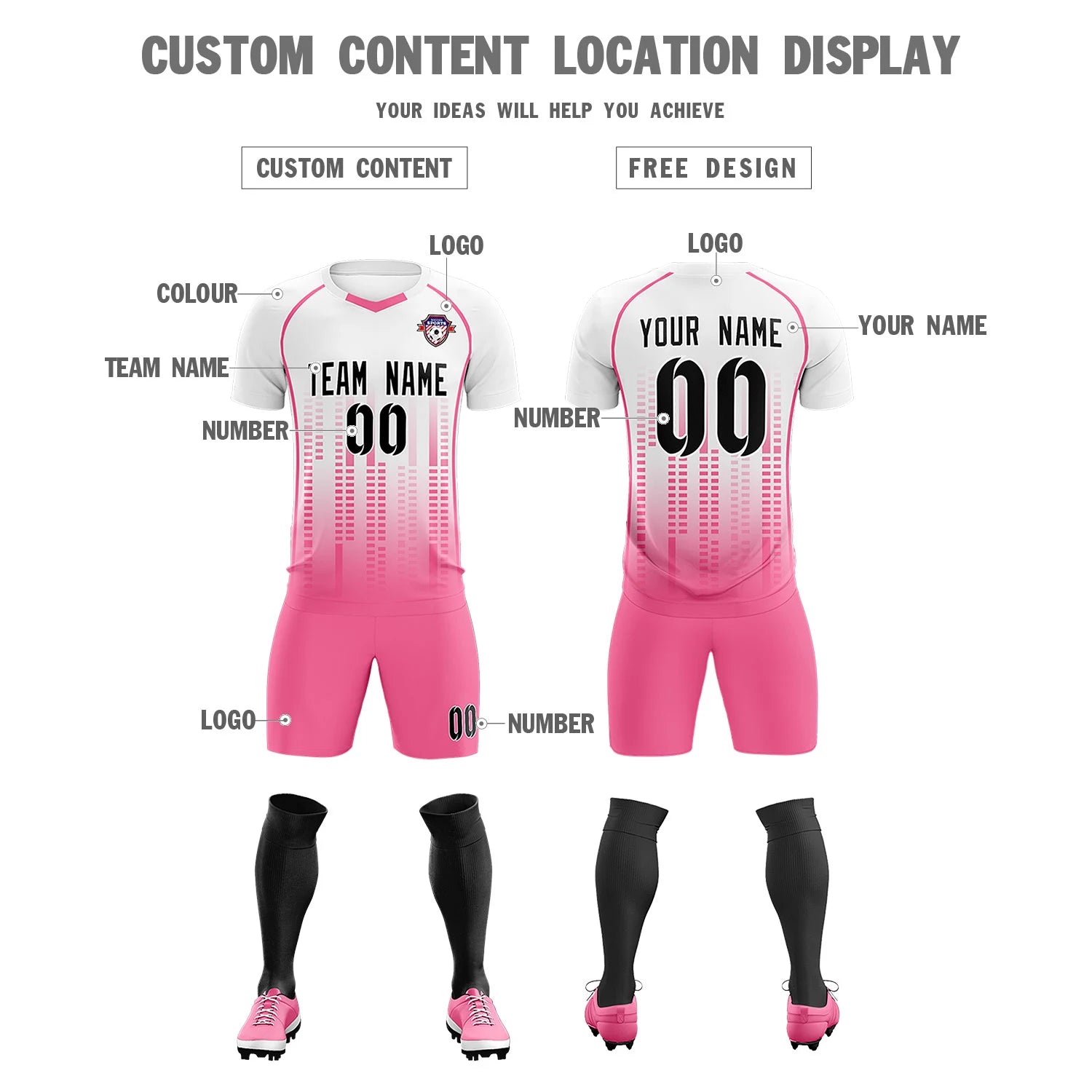 Custom White Pink Printing Outdoor Tracksuit Soccer Sets Jersey