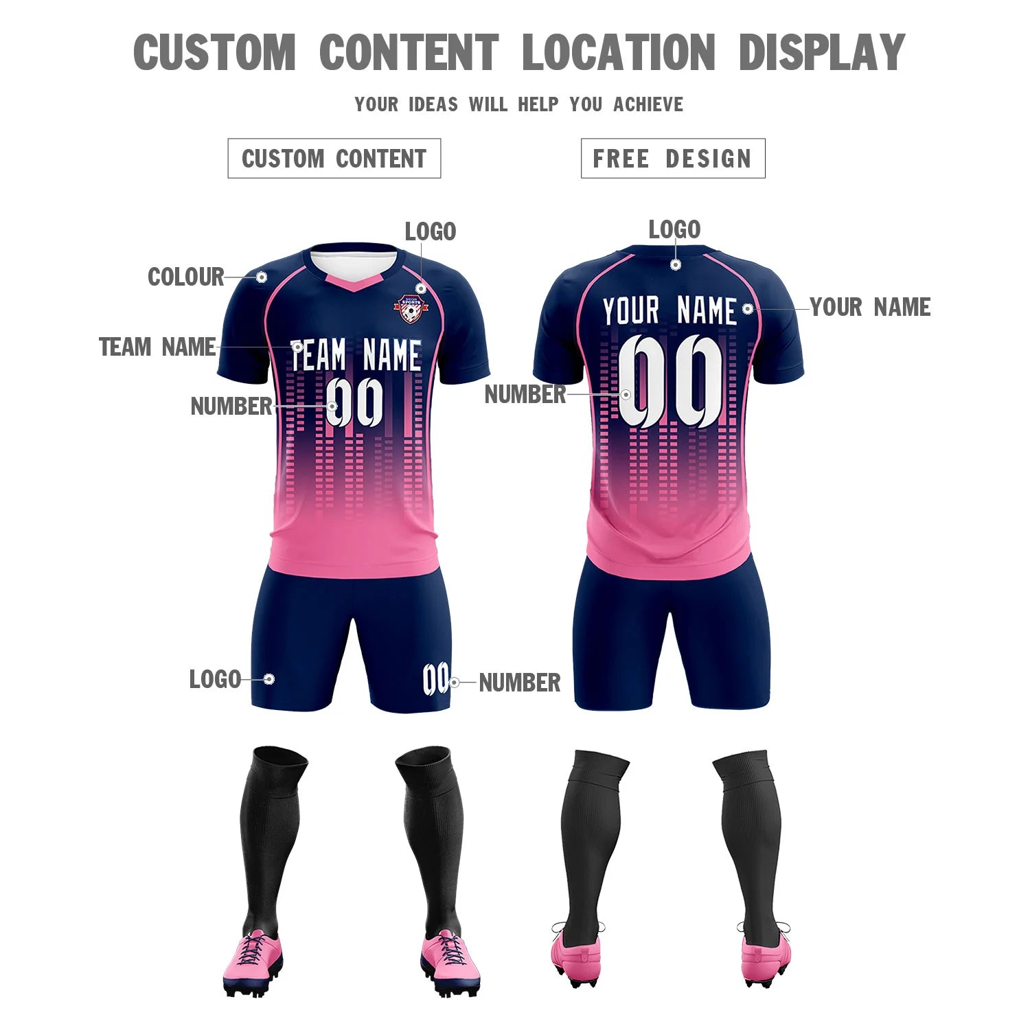 Custom Navy Pink Printing Outdoor Tracksuit Soccer Sets Jersey