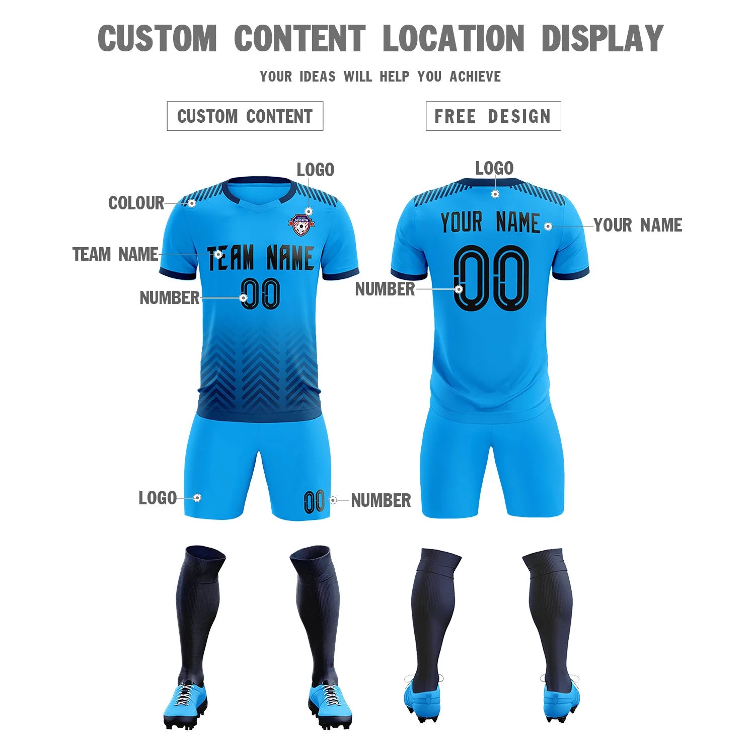 Custom Powder Blue Navy Printing Sportswear Soccer Sets Jersey