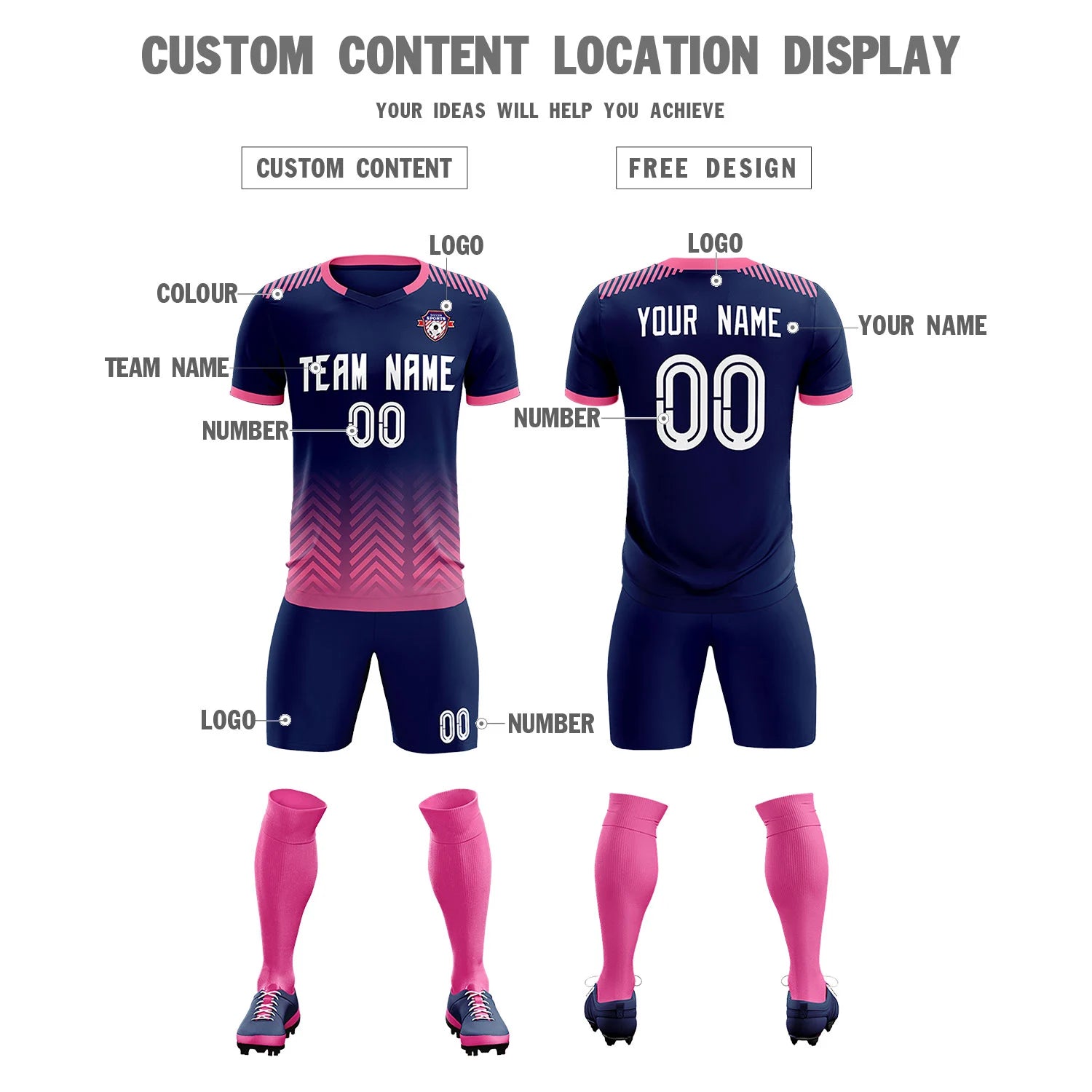 Custom Navy Pink Printing Sportswear Soccer Sets Jersey