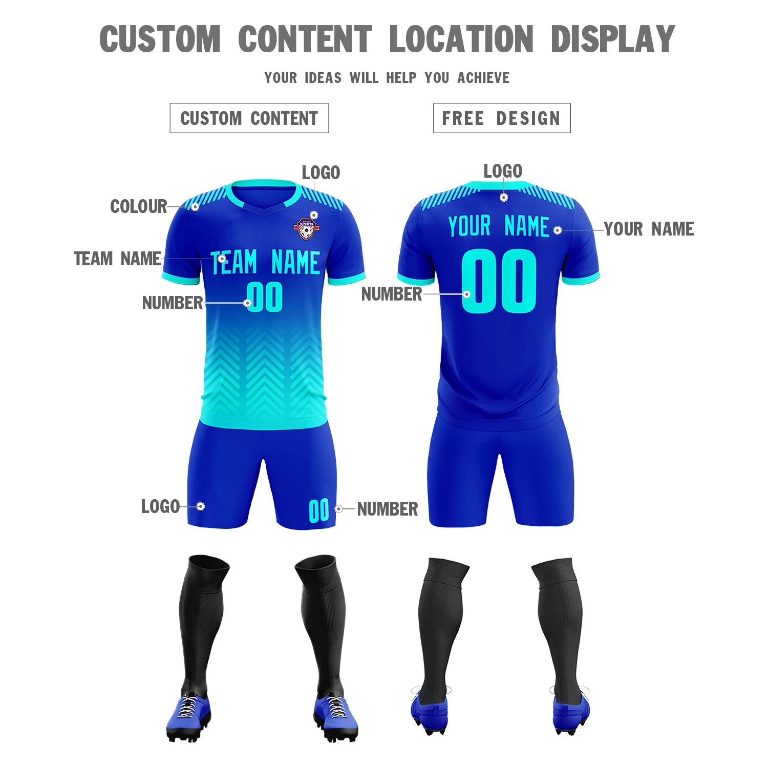 Custom Royal Blue Bright Green Printing Sportswear Soccer Sets Jersey