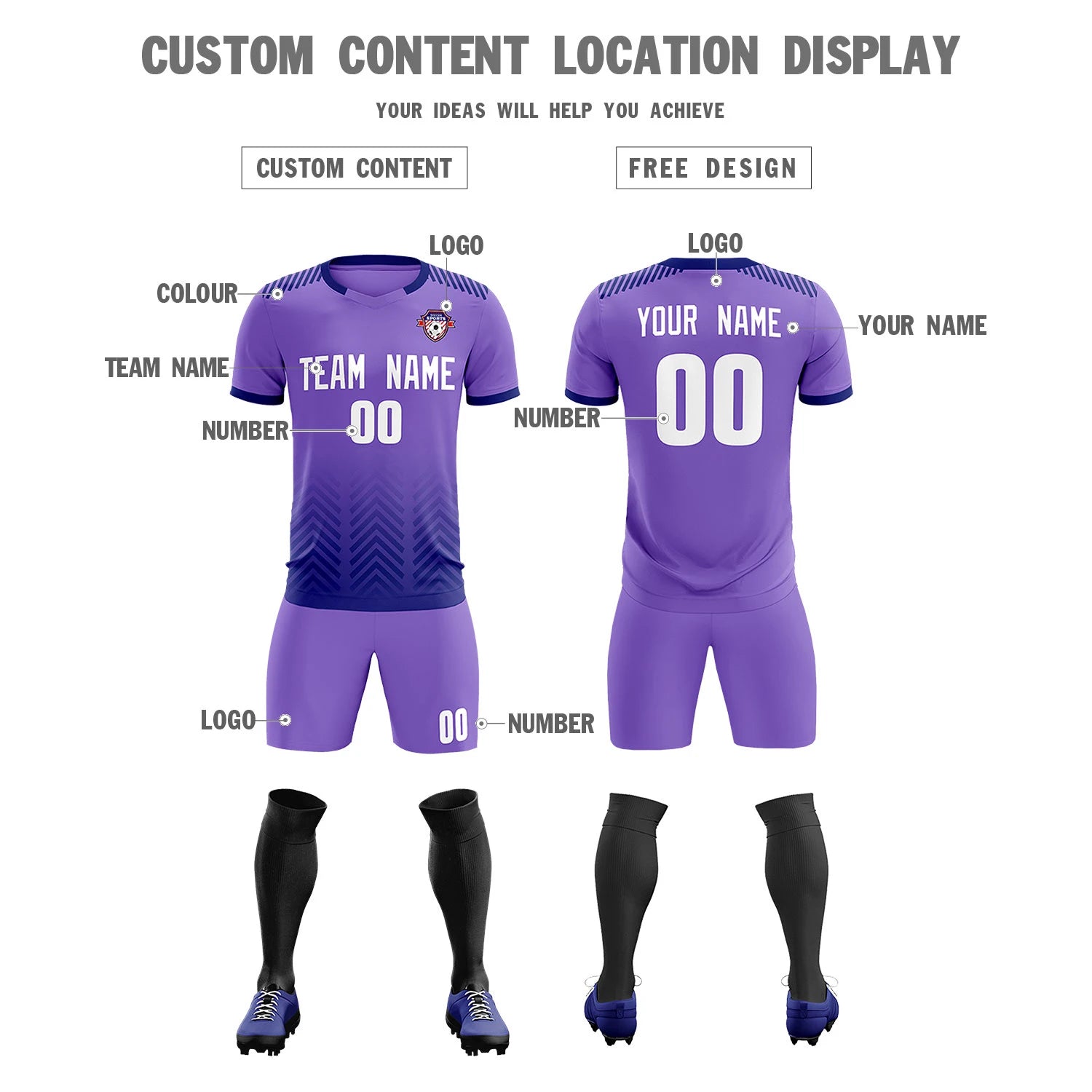 Custom Light Purple Navy Printing Sportswear Soccer Sets Jersey