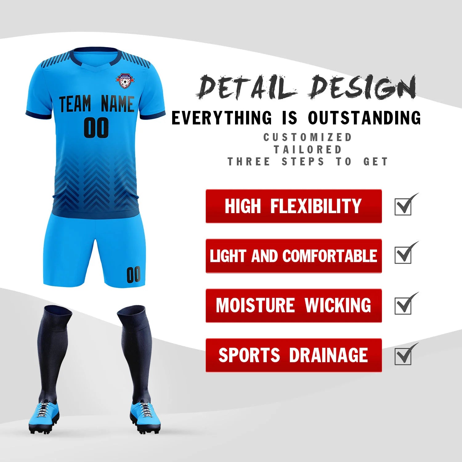 Custom Powder Blue Navy Printing Sportswear Soccer Sets Jersey