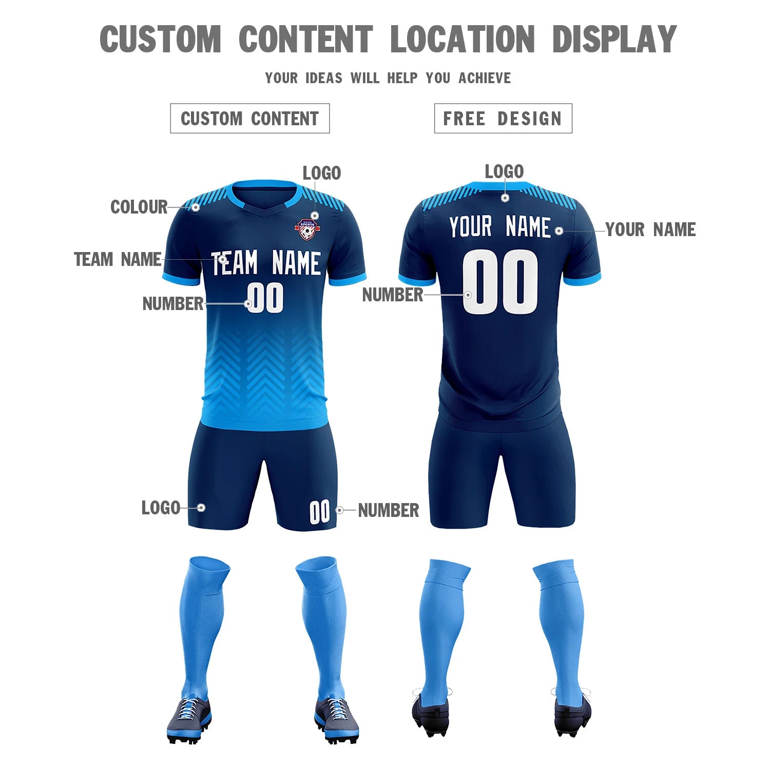 Custom Navy Powder Blue Printing Sportswear Soccer Sets Jersey