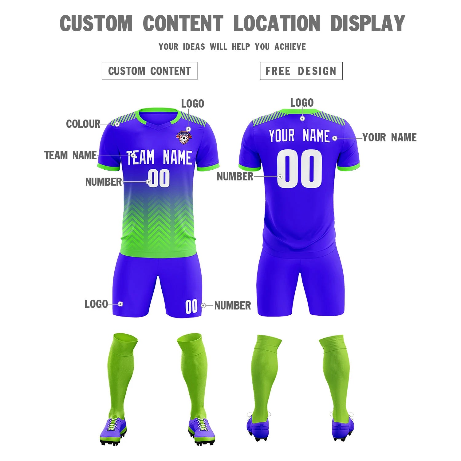 Custom Royal Blue Neon Green Printing Sportswear Soccer Sets Jersey