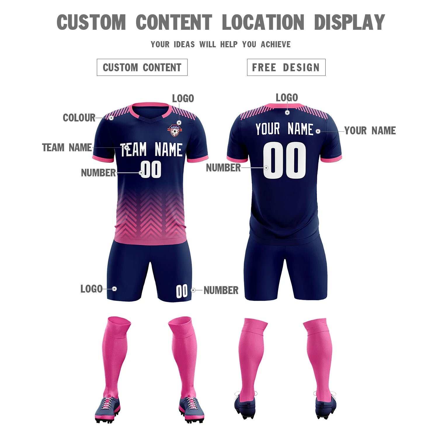 Custom Navy Pink Printing Sportswear Soccer Sets Jersey