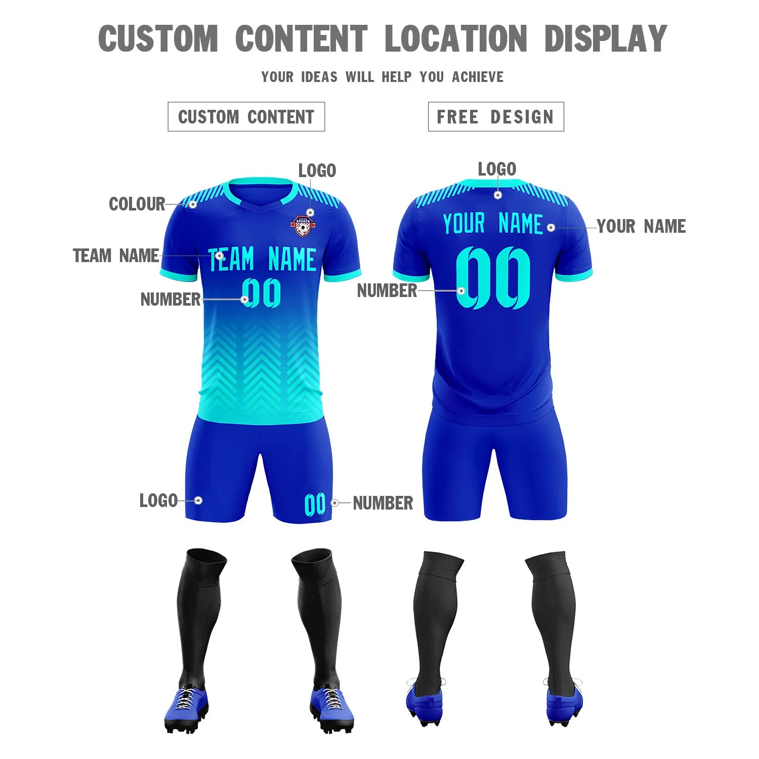 Custom Royal Blue Bright Green Printing Sportswear Soccer Sets Jersey