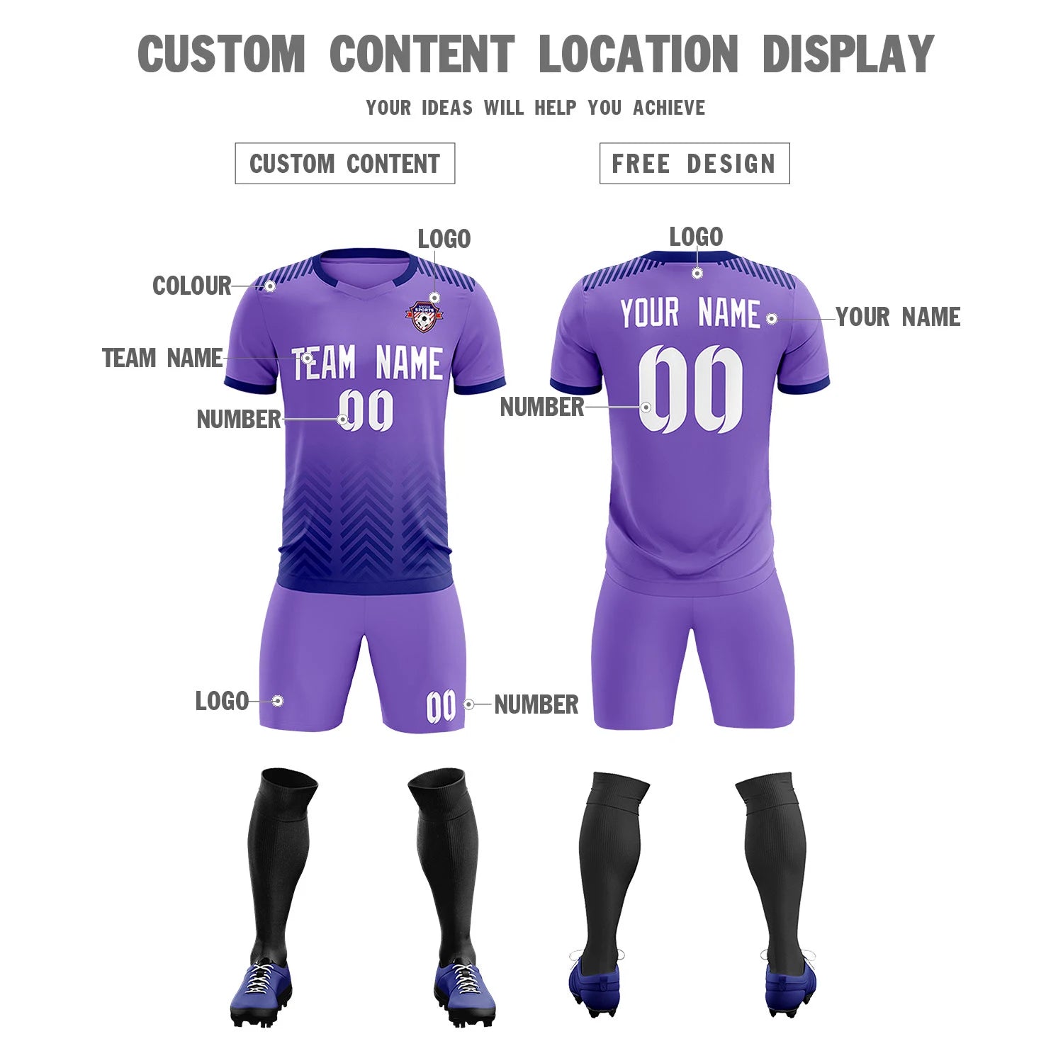Custom Light Purple Navy Printing Sportswear Soccer Sets Jersey