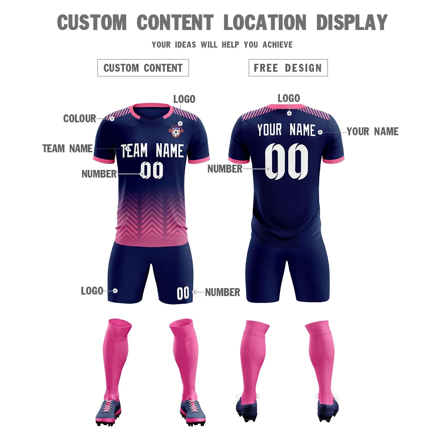 Custom Navy Pink Printing Sportswear Soccer Sets Jersey