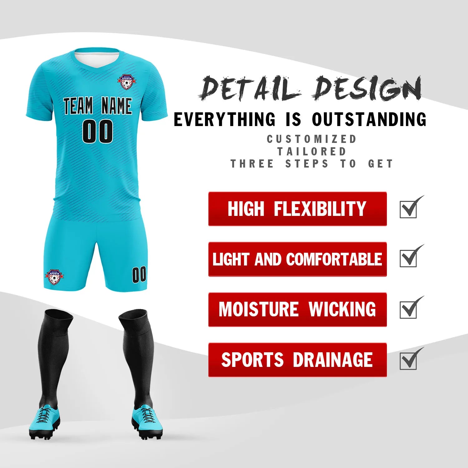 Custom Sky Blue Royal Blue Training Uniform For Men Soccer Sets Jersey