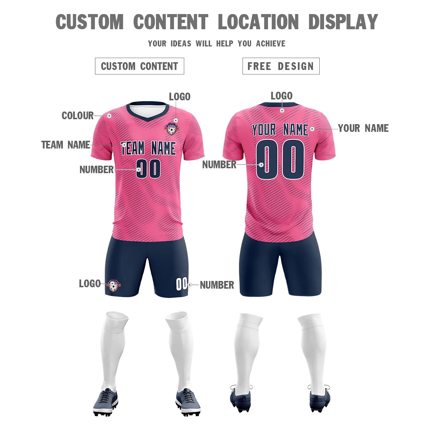Custom Pink Navy Training Uniform For Men Soccer Sets Jersey