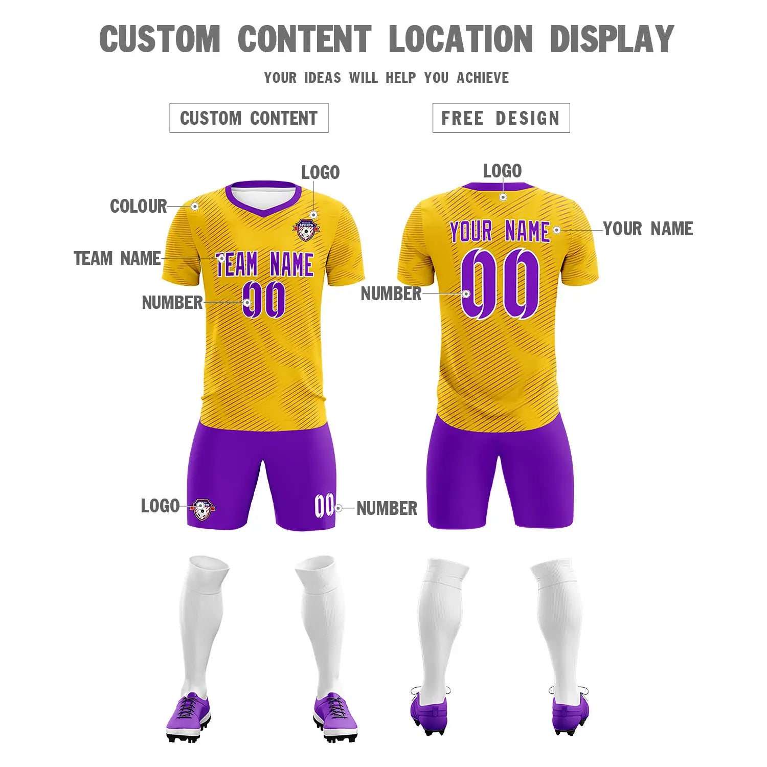 Custom Yellow Purple Training Uniform For Men Soccer Sets Jersey