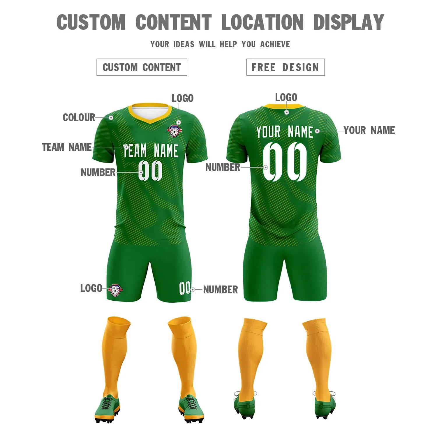 Custom Kelly Green Yellow Training Uniform For Men Soccer Sets Jersey
